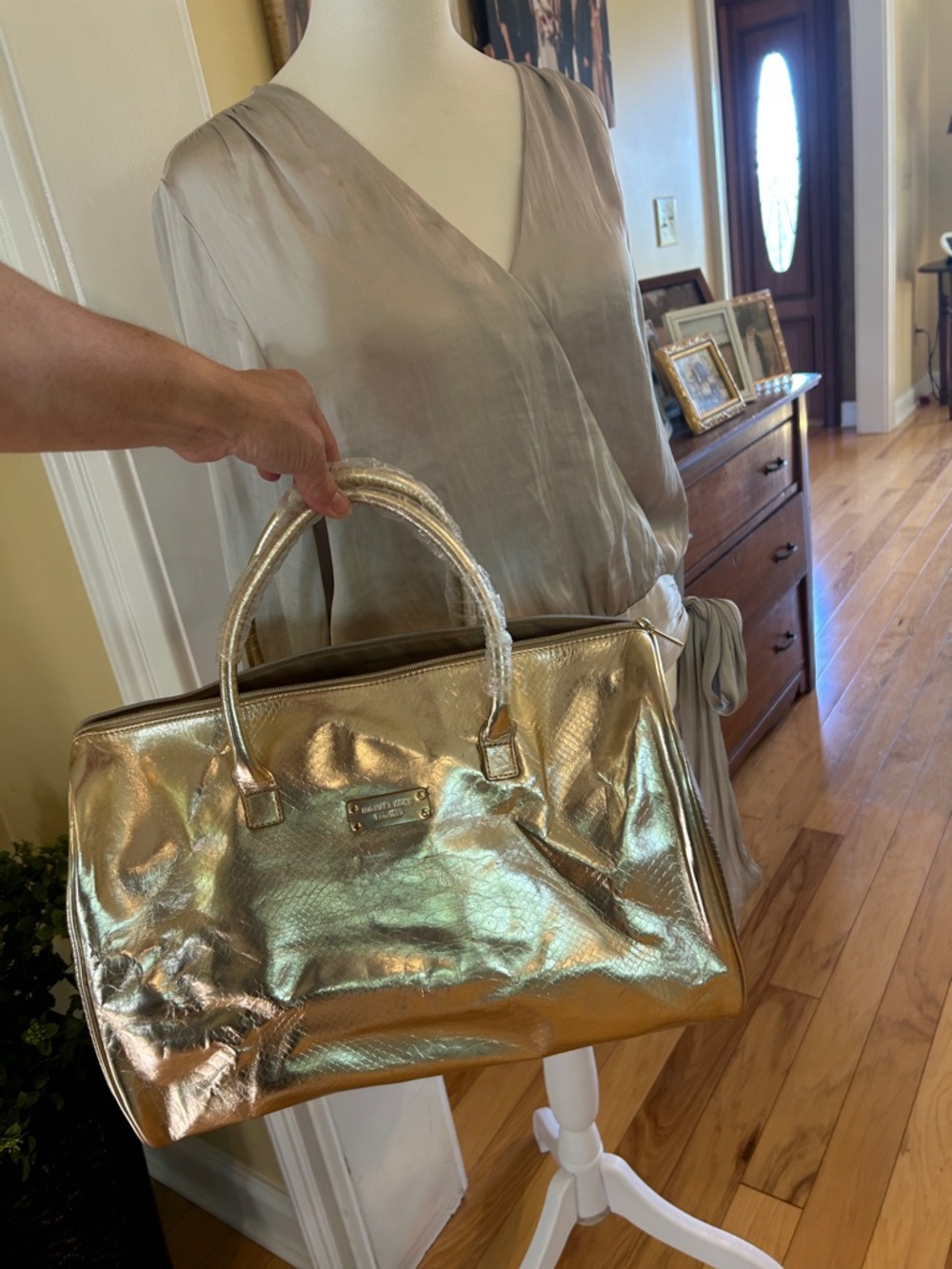 Michael Kors Metallic Gold Snakeskin Embossed Women's Satchel Tote Weekend Bag - Picture 16 of 16